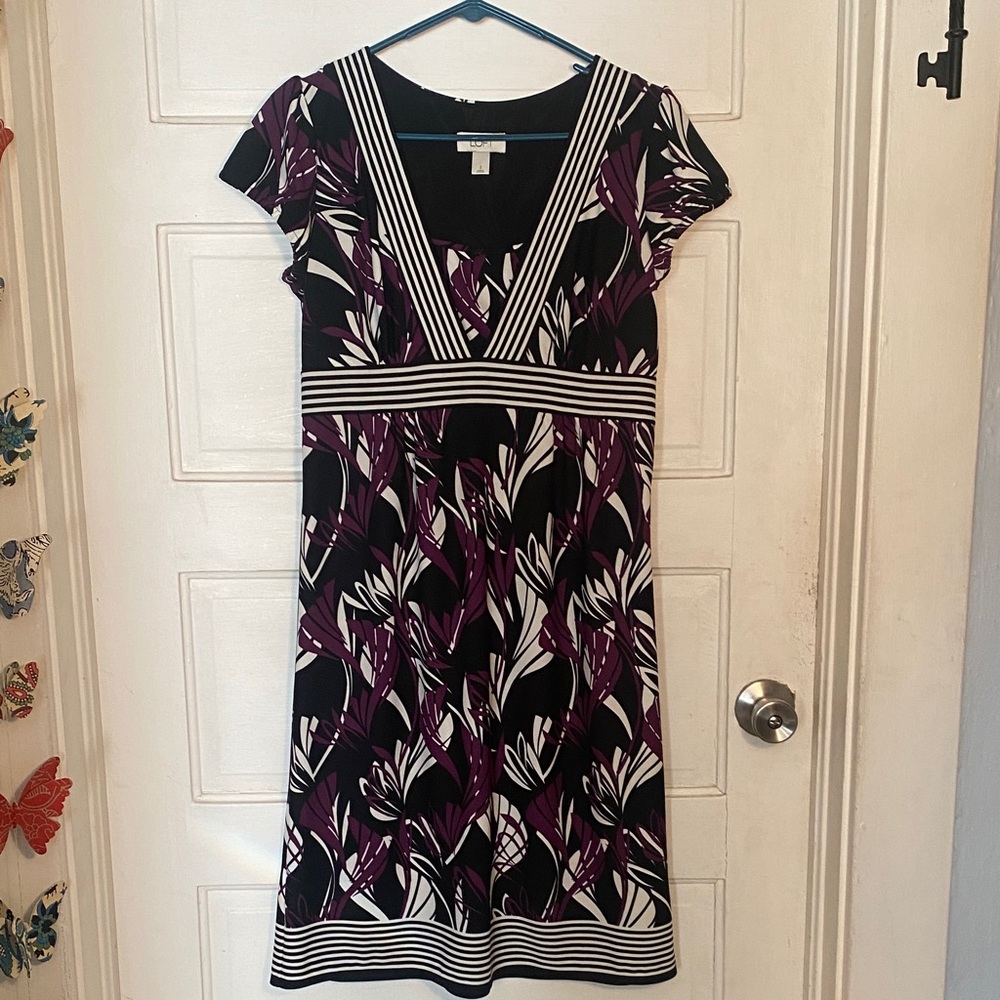 LOFT Black and Purple Patterned Midi Dress